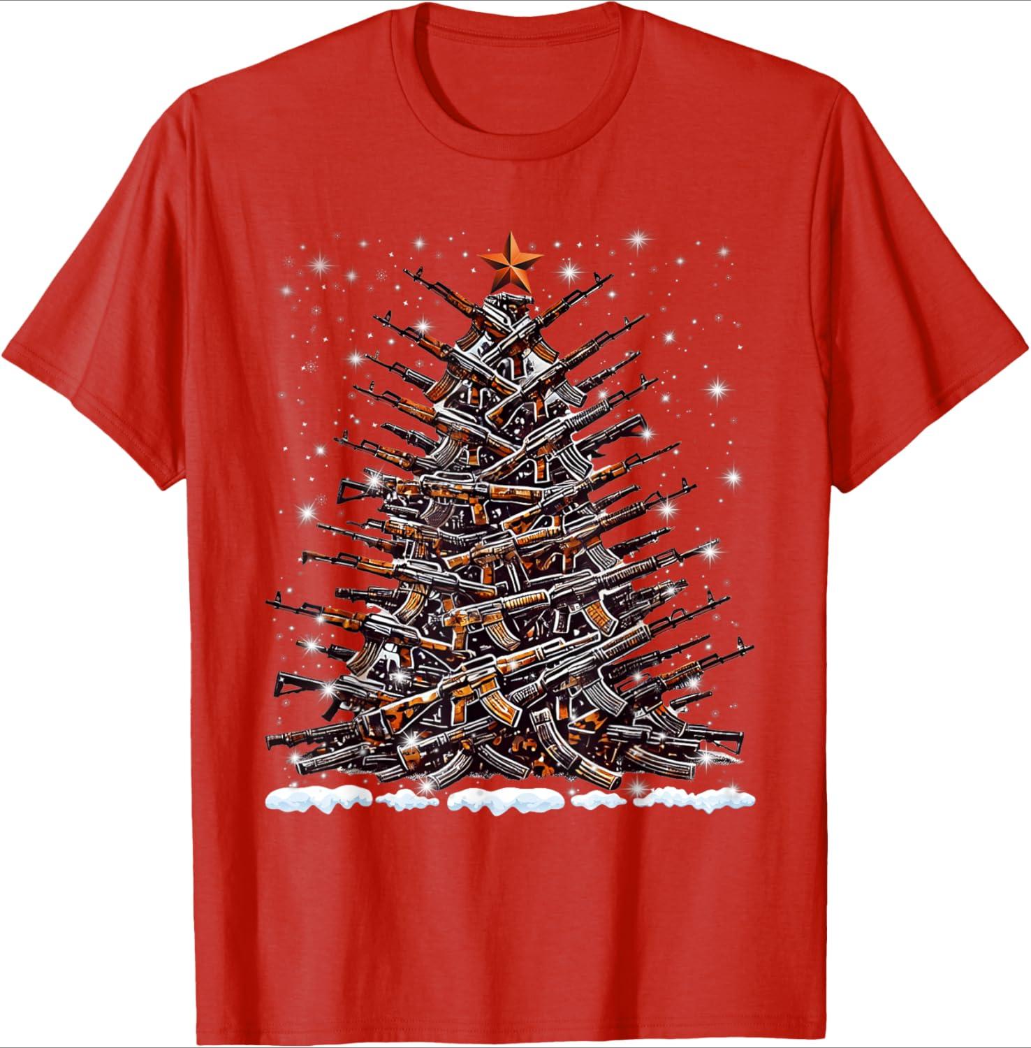 Guns Christmas Tree Funny Xmas 2024 for Gun Lover pattern design100 cotton short sleeve Oneck printed mens Tshirt S