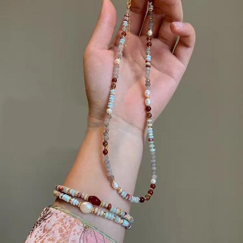 Handmade Handwoven Natural Stone Beaded Chain Necklace Featuring Pearls Pendant for Women's Fashion Jewelry Pieces