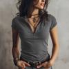 Women Tops Slim Fit Short Sleeve Zipper Half Neck T-Shirt Pure Color Soft Stretch Fabric Casual Tops Daily Wear