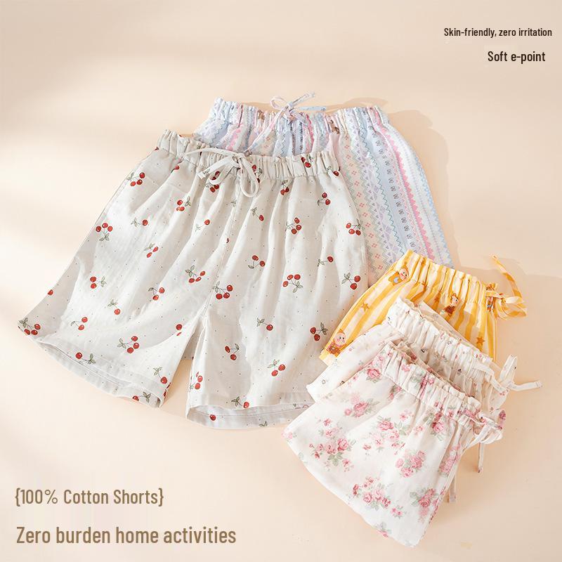 Damen Baumwollgaze Pyjamashorts mit Kirschen-Print - Leichte Sommer-Homewear, Vielseitig für den Außenbereich