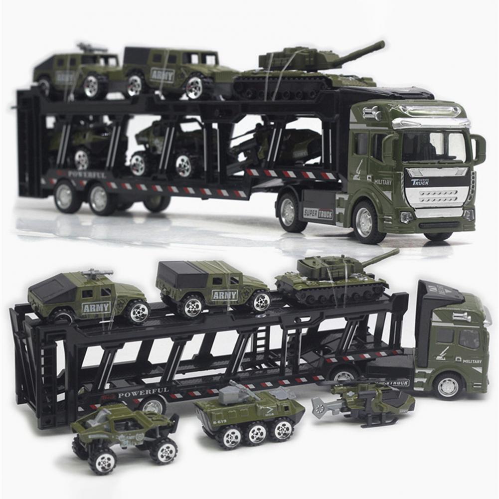 1/48 Maßstab 1 Set Transportermodell mit 6 Mini-Panzern Modell Druckgusslegierung Abnehmbares Pullback-Spielzeug Armeegrün Simulation Militär