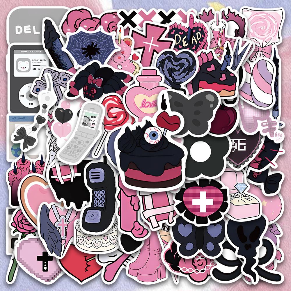 60Pcs Y2K Pink Kawaii Girls Gothic Stickers Cute Anime Aesthetic Decals Phone Suitcase Laptop Stationery Car Toy Sticker