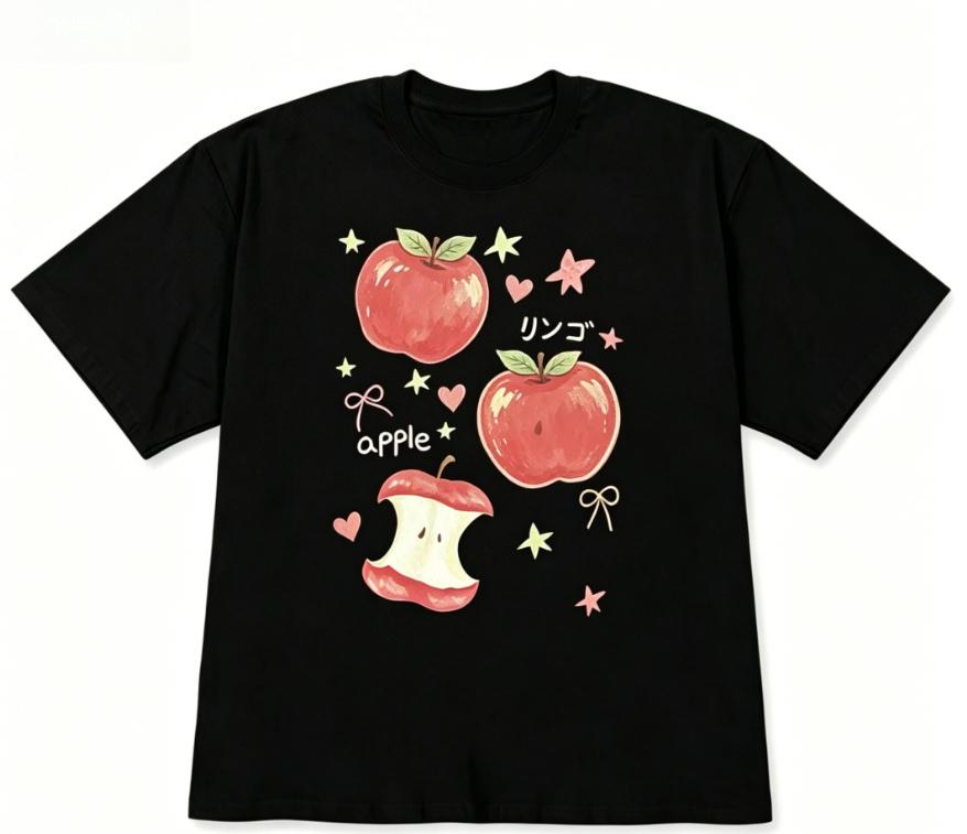 Black Short Sleeve Tshirt Cute Apple Print Crew Neck Tee Kawaii Graphic Casual Streetwear Top Korean Aesthetic Sweet Top Unisex