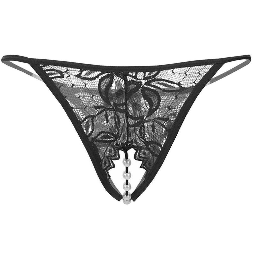 BUZZxSELECTION Panties with Sexy Lace TV061 Women's T-Back Pearls, Underwear, (06 Black)