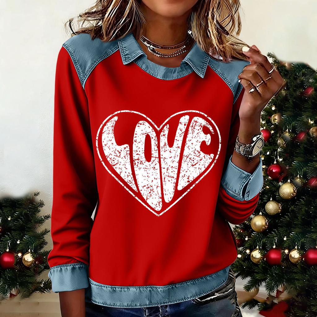 Women's Fashion Flared Long Sleeve Denim Patchwork Sweatshirt Valentine's Day Print Casual Pullover Top