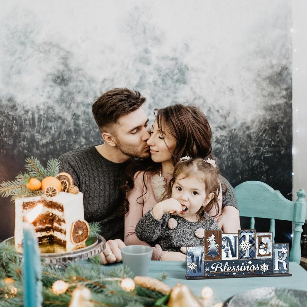 Amyhill Winter Table Decoration Merry Winter Tiered Tray Decor Reversible Centerpiece Decorative Snowman Snowflake Santa Claus Gingerbread Block