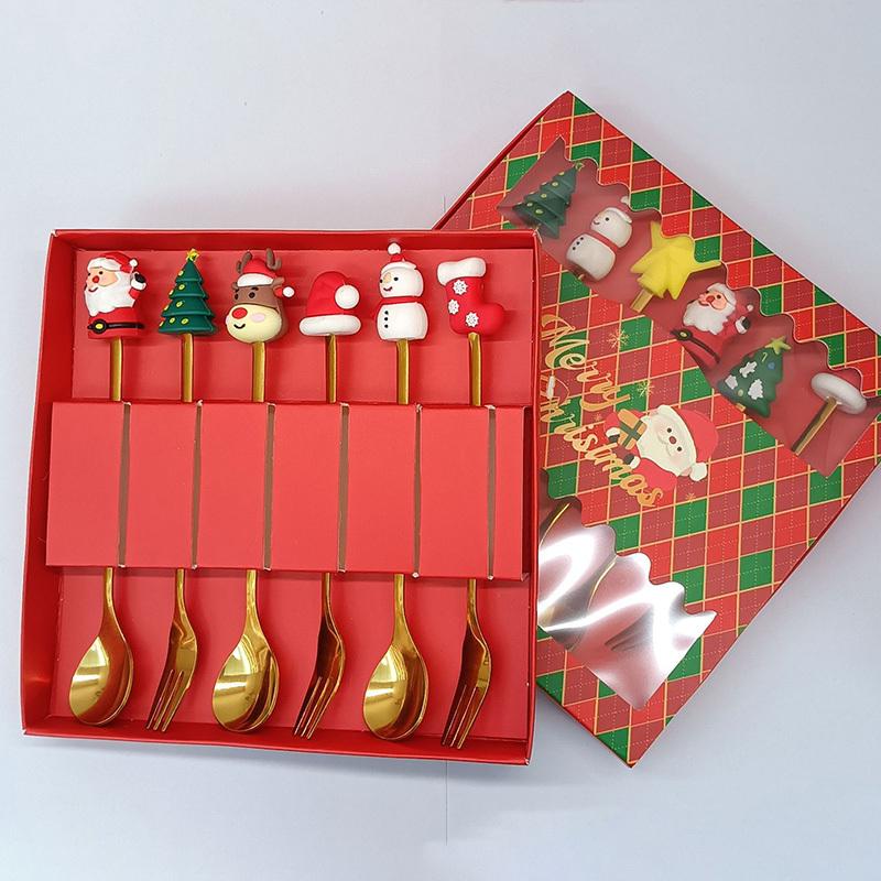 6pcs Christmas Gift Cutlery Spoon Fork Set Stainless Steel Elk Decoration Dessert Tableware Festival Accessories