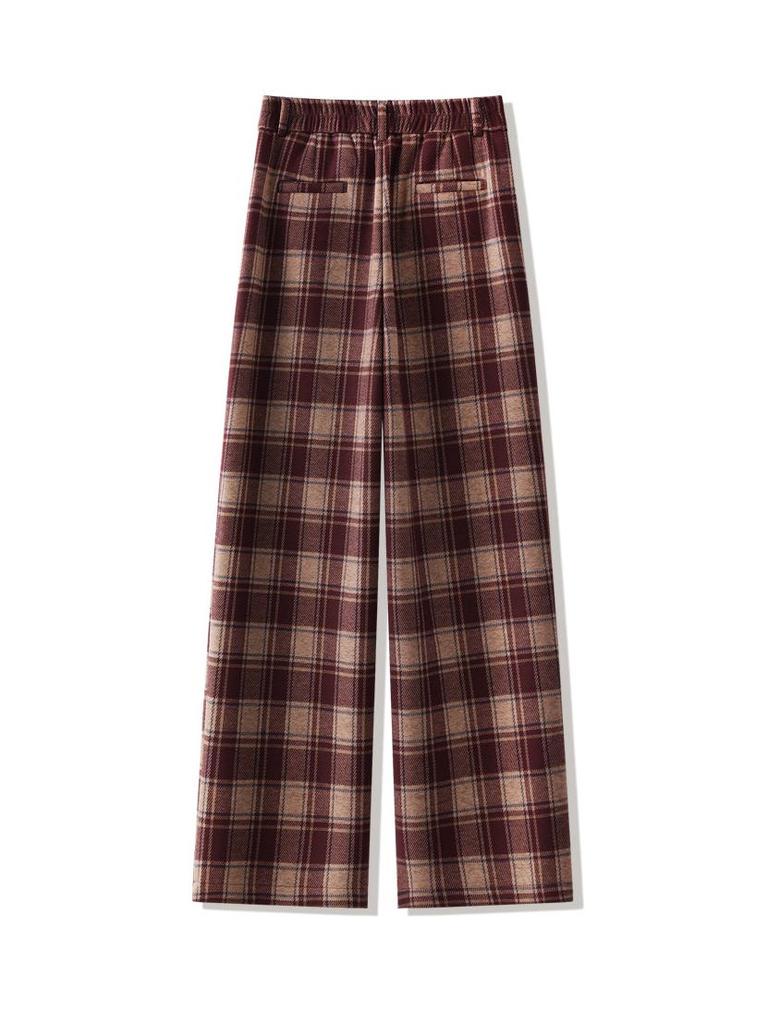 Women's Winter Plaid Wool High-Waisted Straight-Leg Cashmere Pants - Slimming, Loose, and Stylish