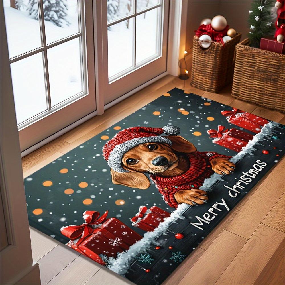 Marry Christmas Dachshund Welcome Doormat, Dachshund In Santa Hat Christmas Decor Floor Mat, Doorways Living Rooms Winter