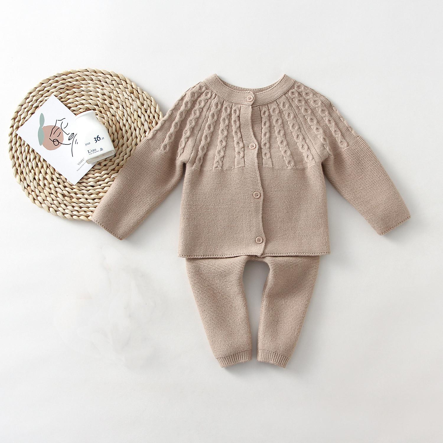 

Костюми-светри для маленьких принцес із 2 шт. Милий в’язаний топ із довгими рукавами та ґудзиками + штани Весняний одяг для дівчаток для малюків 100