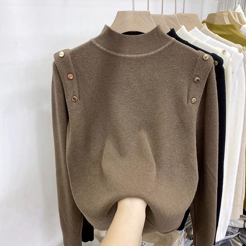 Temperament simple casual semi-turtleneck shoulder buckle design autumn and winter new solid color thin thick bottoming shirt