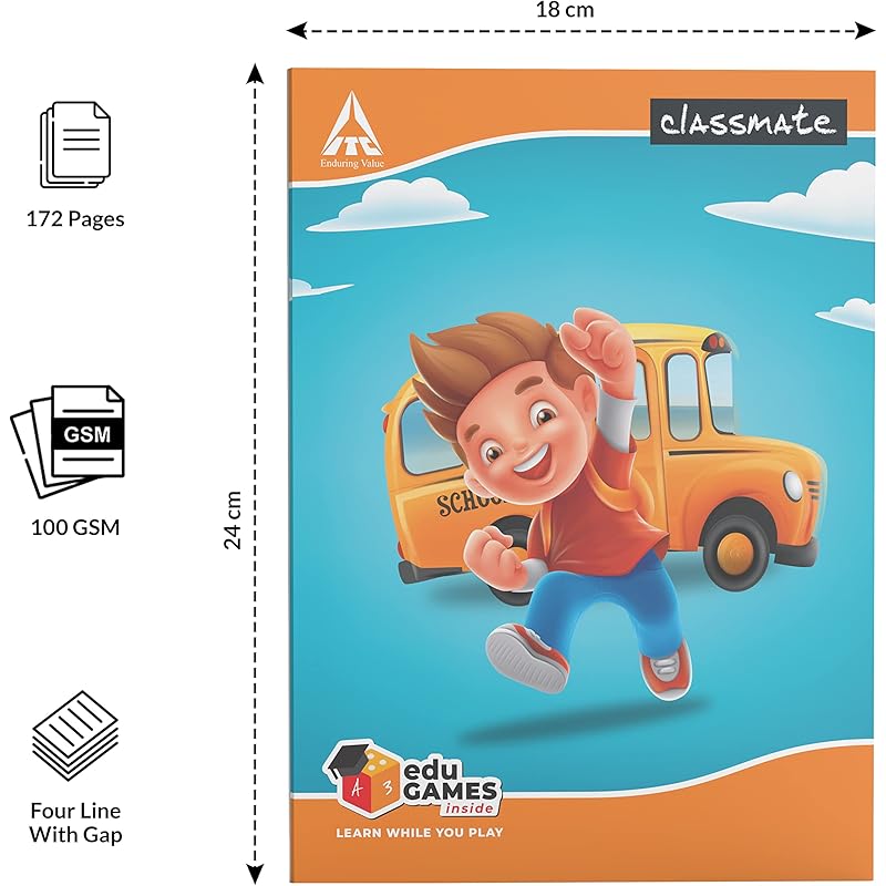 

Classmate Notebook - Four Lines with Gap, 240mm*180mm, 172 Pages (Pack Of 12)