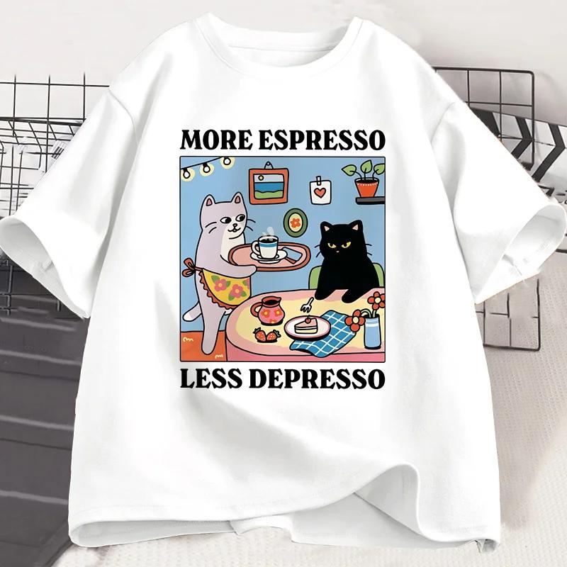 Cute Cat More Espresso Less Depresso Coffee Kawaii T-shirt XXXL