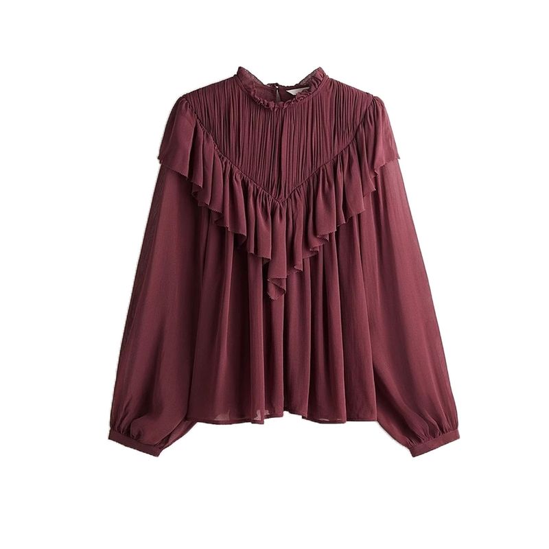 

Осень Новая Женская Одежда Повседневный Стиль круглый Вырез Рукав-Фонарик Длинный Рукав Декоративные Рюши Шифоновая Блузка 1304737 Burgundy L