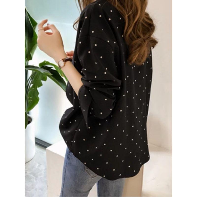 K-style Spring & Fall Hong Kong Fashion Suit Collar Polka Dot Dots Print Single Breasted Long Sleeve Shirt Top Solid Color Shirt