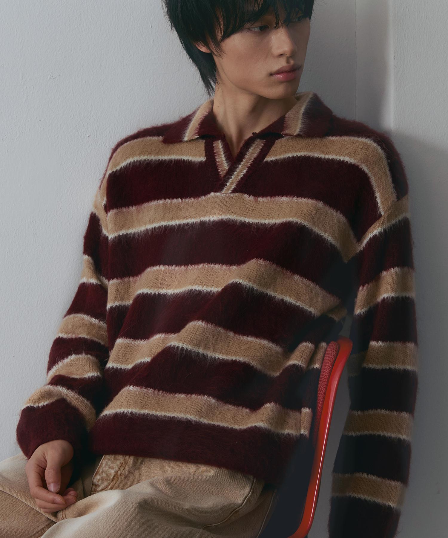 Nod You Open Collar Striped Brush Knit [Burgundy] M