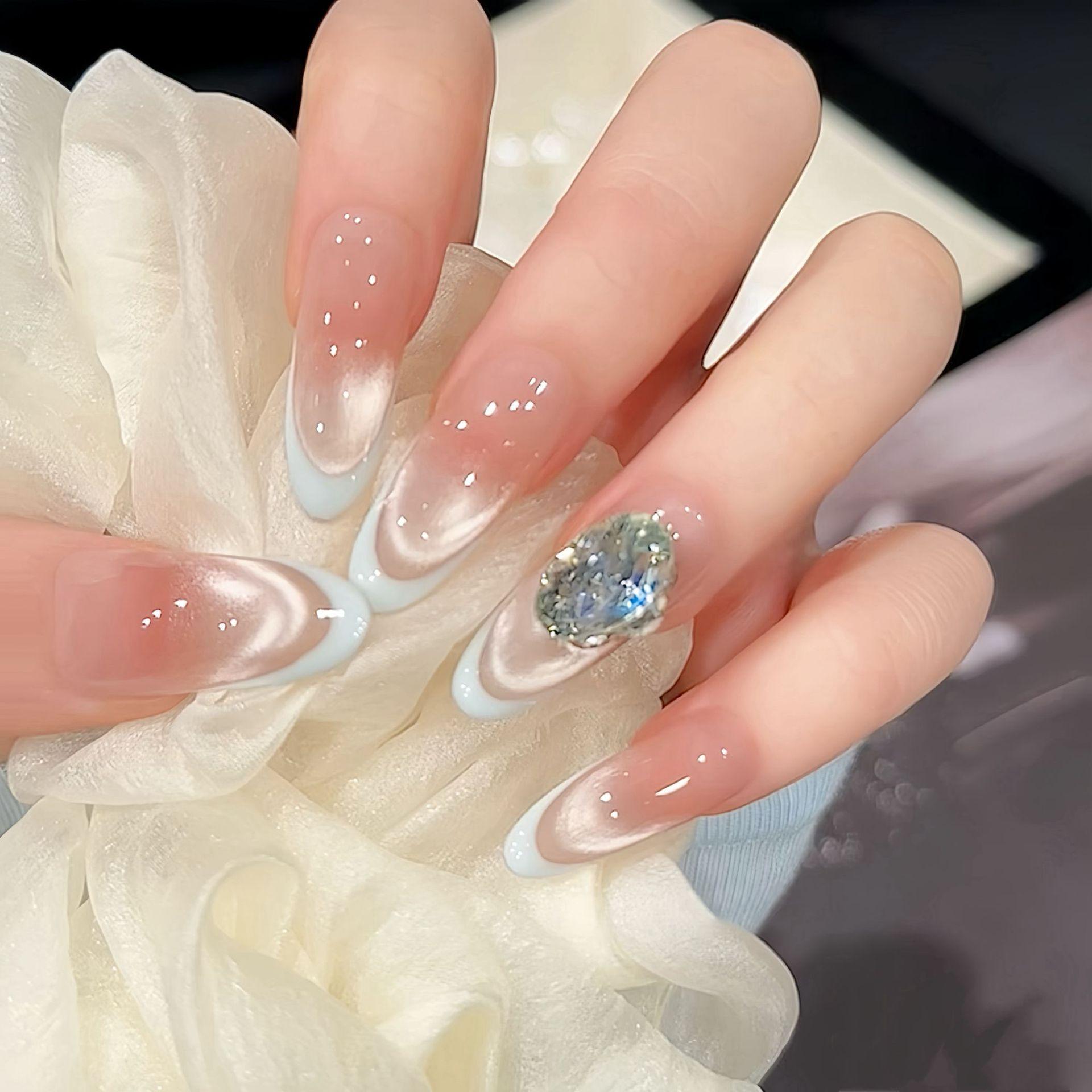Pure desire wind milk blue French cat eye flash diamond medium and long pure hand-worn nail handmade manicure fake nails XS