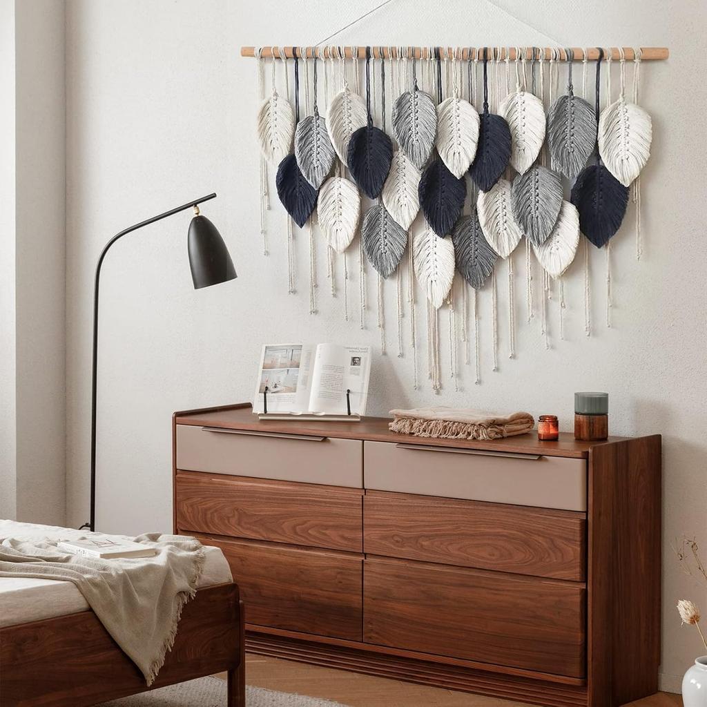 Weldomcor Macrame Wall Hanging Leaf Woven Tapestry Bohemian Chic Wall Hanging Feather Large Handmade Wall Art Decor for Bedroom Living Room Apartment