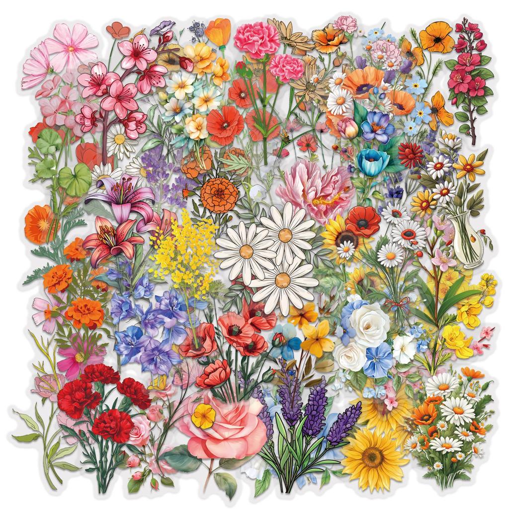 60 INS Ink and Flower Stickers Pack Waterproof Transparent PET Flower Material Decorative Guitar Notebook