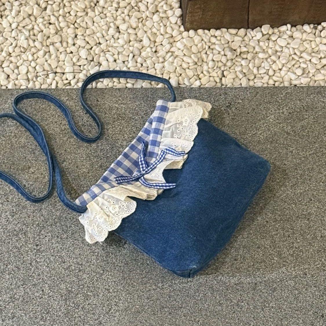 

New Super Korean Denim Small Bag Versatile Small Fresh Lace Plaid Crossbody Denim Bag Niche Mobile Phone Bag Storage Bag