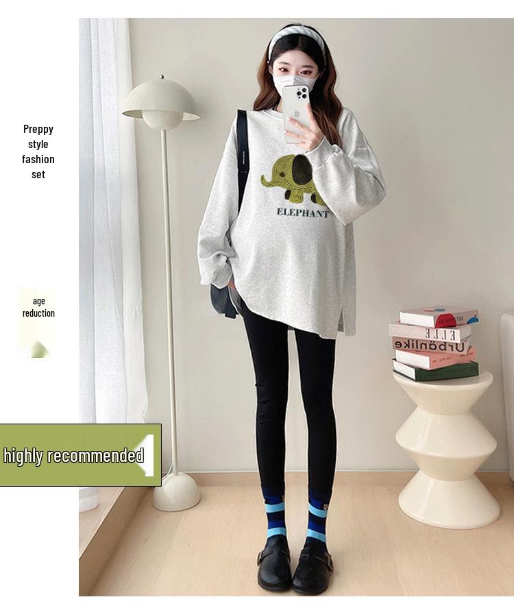 2025 Spring-Autumn Maternity Two-Piece Set: Grey & White Elephant Slit Sweatshirt with Long Sleeves