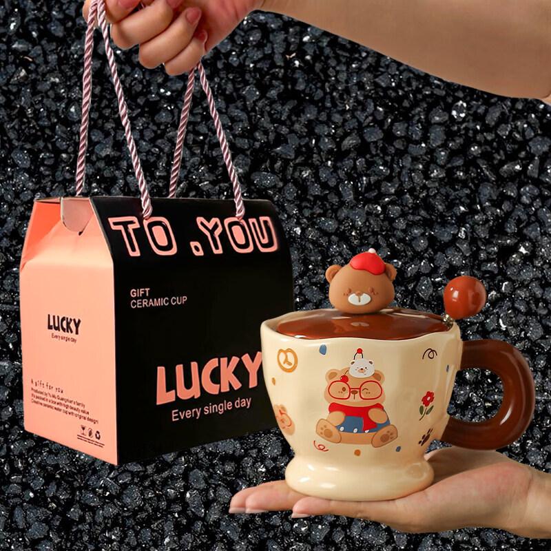 Starry Cute Bear Ceramic Mug with Lid and Spoon