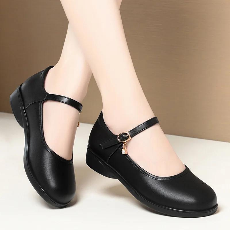 2.5cm Fashion Comfortable Shallow Soft Leather Mary Janes Women Shoes 2025 Fall Flat Square Heels Shoes for Office Mom Daily