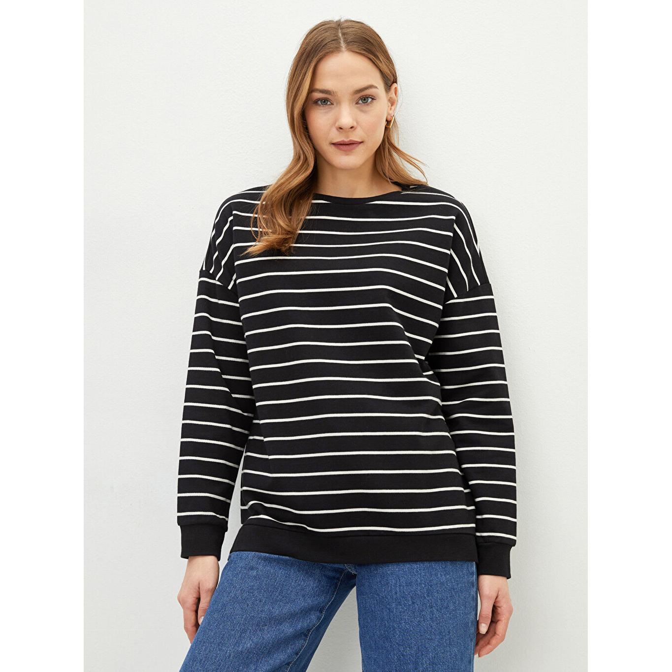 

LCW BASIC Круглый вырез в полоску с длинным рукавом Oversize Женская толстовка черного цвета