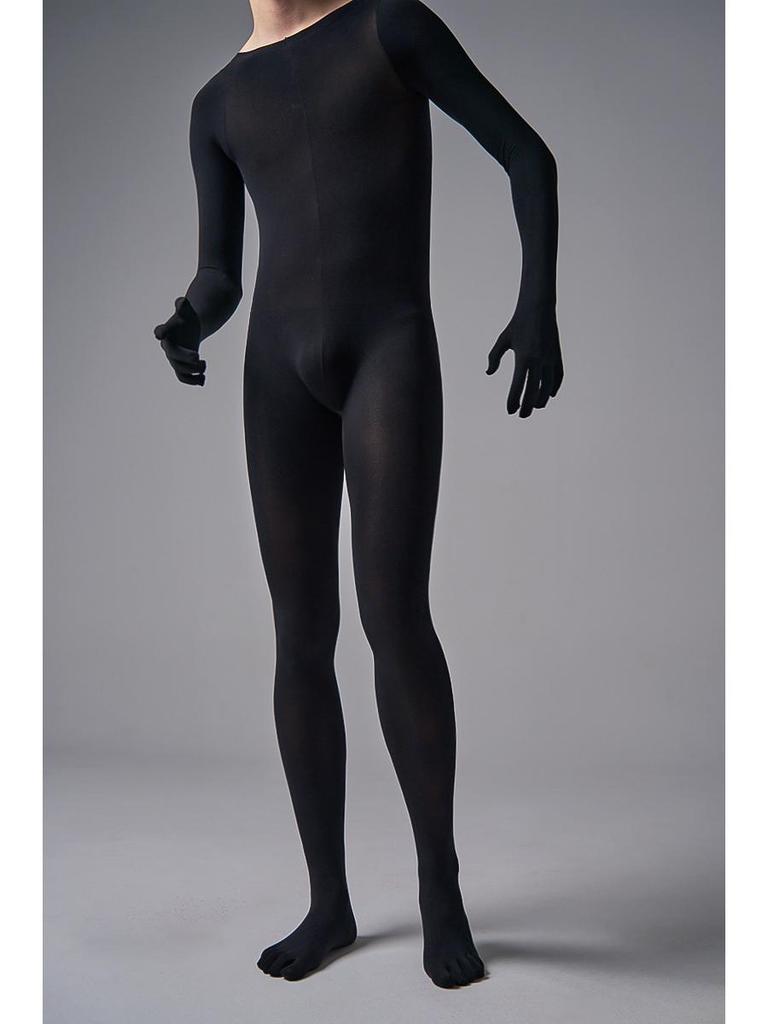 Pánské plus size sametové body s pětiprstými rukavicemi a kalhotami bez zad - Sexy černé punčochy