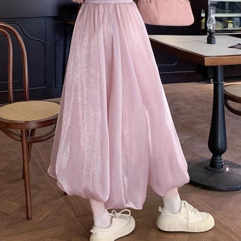 Women's Pink Half Skirt Spring Summer Autumn Mid-Length High-Waisted A-Line Luminous Tulle Skirt Pearlescent Puffy Bloom Skirt