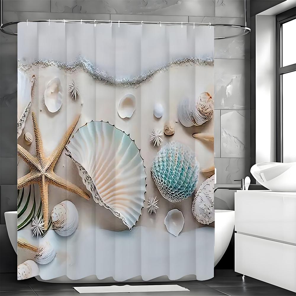 Ocean Shell Shower Curtain, Ocean Beach Shell Starfish Summer Bathroom Decorative Shower Curtain, Waterproof Shower Curtain with
