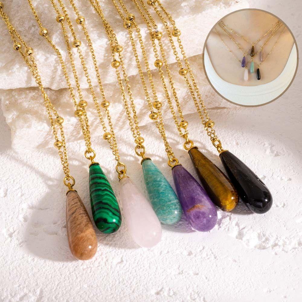 Creative Colorful Stone Necklace Natural Women Choker Retro Waterdrop Pendant Necklace  Gift