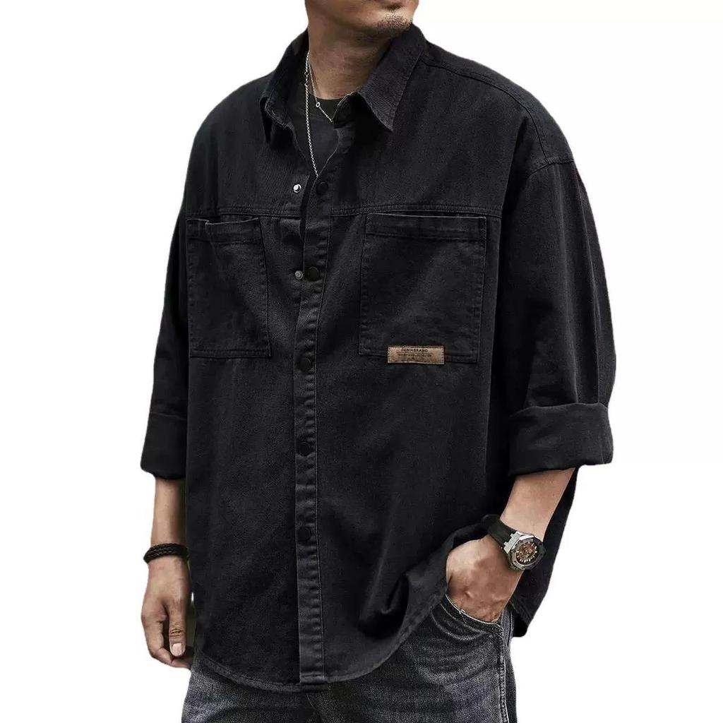 Spring Autumn Plus Size Men's Lapel Solid Colour Button Section Casual Work Shirt Cardigan Tops