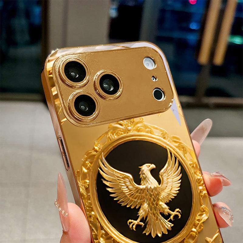 Eagle Pattern Art Electroplated Golden Phone Case For iPhone 17Air 17 16 15 14 13 12 11 Pro Max Plus 16E XR 7 8 X Xr Glass Cover