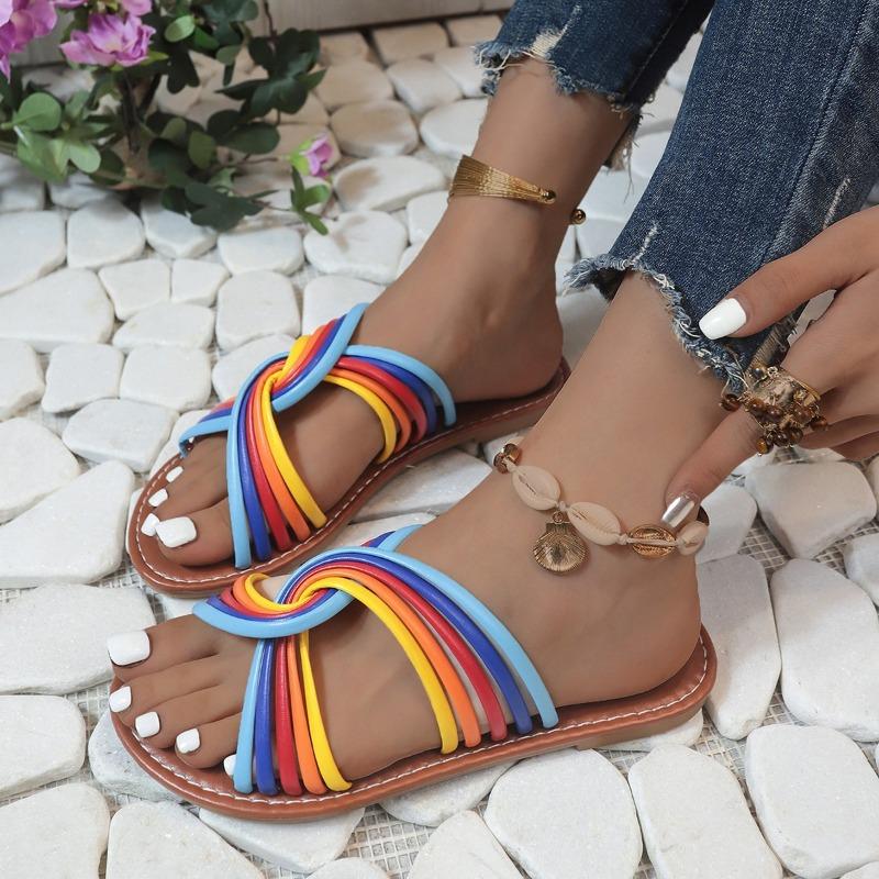 Large size flat-bottomed slippers, new color matching round head open-toed slippers, casual beach sandals