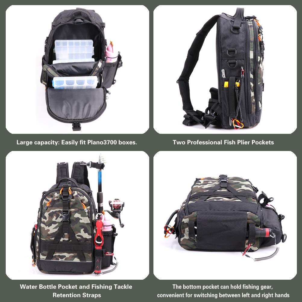 Amitfo Fishing Backpack, Large Capacity, Hiking Backpack, Lightweight Tackle Bag, Bicycle, Motorcycle, Body Bag, Camouflage