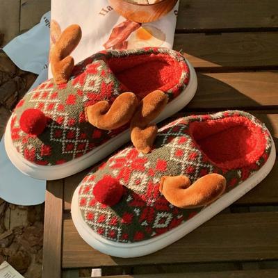 Mode Damen Indoor Flauschige Hausschuhe Niedlicher Cartoon Hirsch Winter Warme Schuhe Weiches Plüsch Anti-Rutsch Zuhause Boden Damen Weihnachten Baumwollhausschuhe
