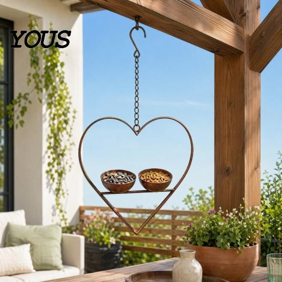 Bird Feeder for Sparrows Metal Heart Feeder, Outdoor Hanging with Large Capacity 2 Bowls, Garden Backyard Wild Birds