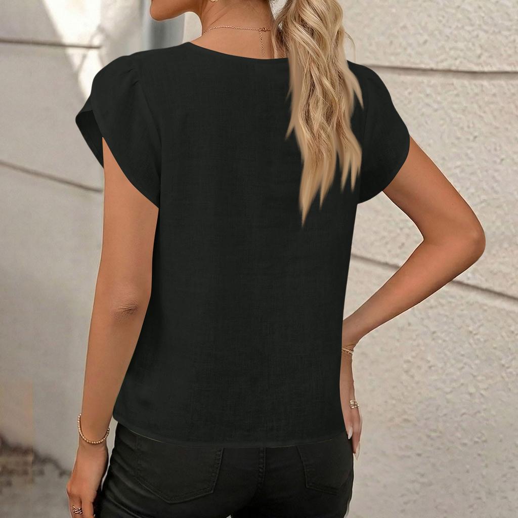 Womens Cotton Linen Tops Asymmetric Neck Short Sleeve Shirts With Buttons