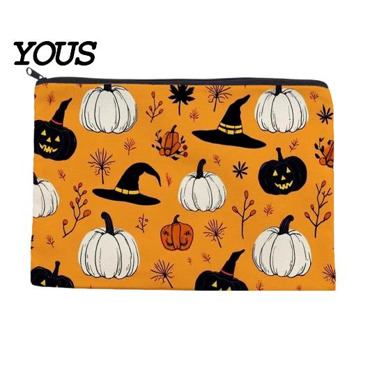 Themed Cosmetic Travel Bag Storage Bag, with Halloween Pumpkin Ghost Print, Smooth Festive Desktop Zipper Canvas Makeup for Organizer