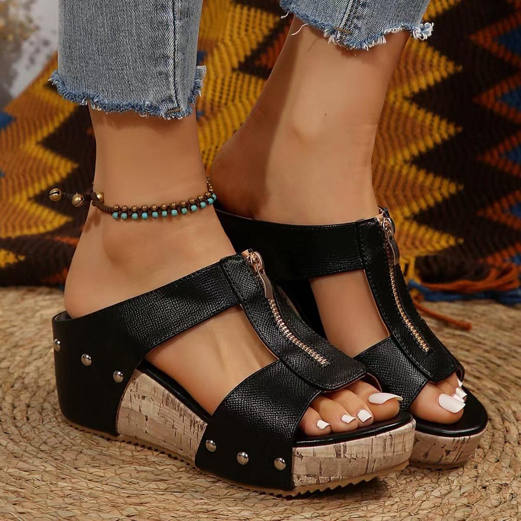 Women's Zipper Front Wedge Sandals Casual Platform Shoes Summer Gladiator Shoes