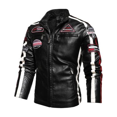 Autumn Winter Fleece Mens Motorcycle Leather Jacket Embroidery Coat Windbreaker Outwear Faux Leather Biker Jacket