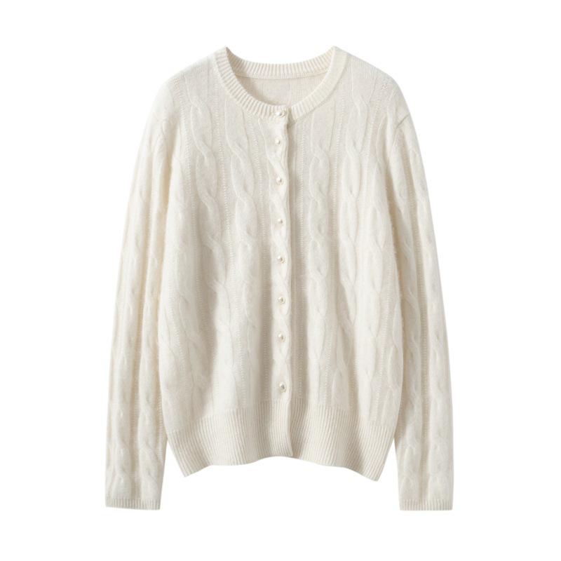 Soft Cashmere Knit Cardigan - Women's Autumn/Winter Solid Color Single-Breasted Cable Knit Round Neck Outerwear