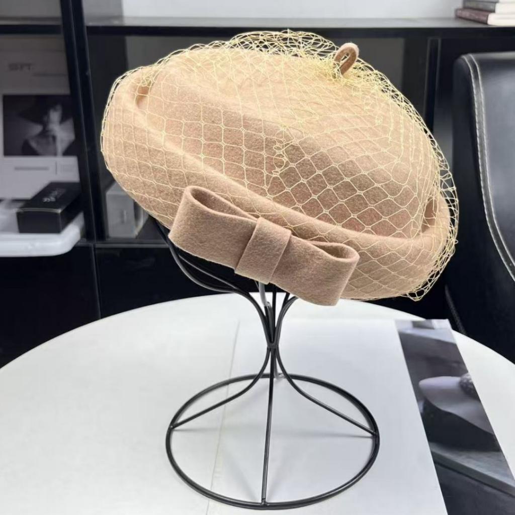 Australian Hair Light Luxury French Celebrity Style White Mesh Bow Top Hat Women's Autumn and Winter Elegant and Sweet Temperament Beret