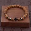 Handmade Natural Wood Bead Cross Bracelet Men Charm Beaded Elastic Bracelets