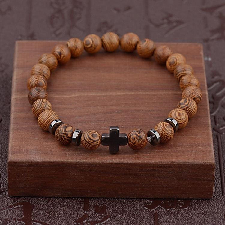 Handmade Natural Wood Bead Cross Bracelet Men Charm Beaded Elastic Bracelets