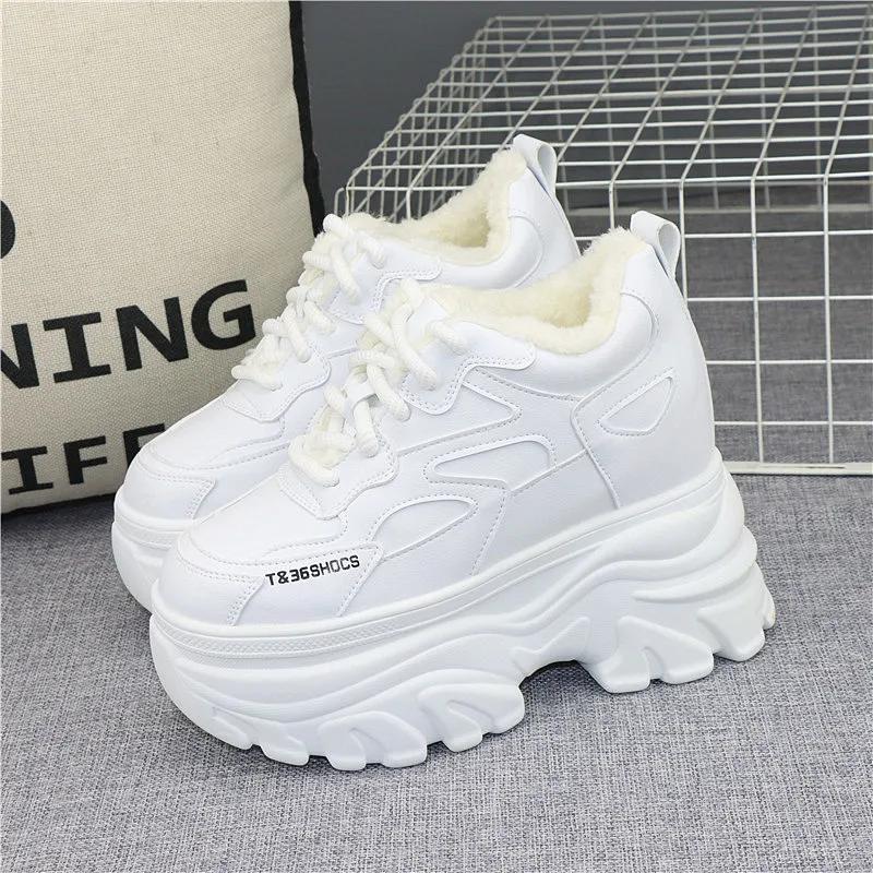 Fashion 13CM Genuine Leather Platform Shoes Platform Wedge Sneakers Women Autumn Fashion Winter Plush Boots Ankle Spring Vulcanize