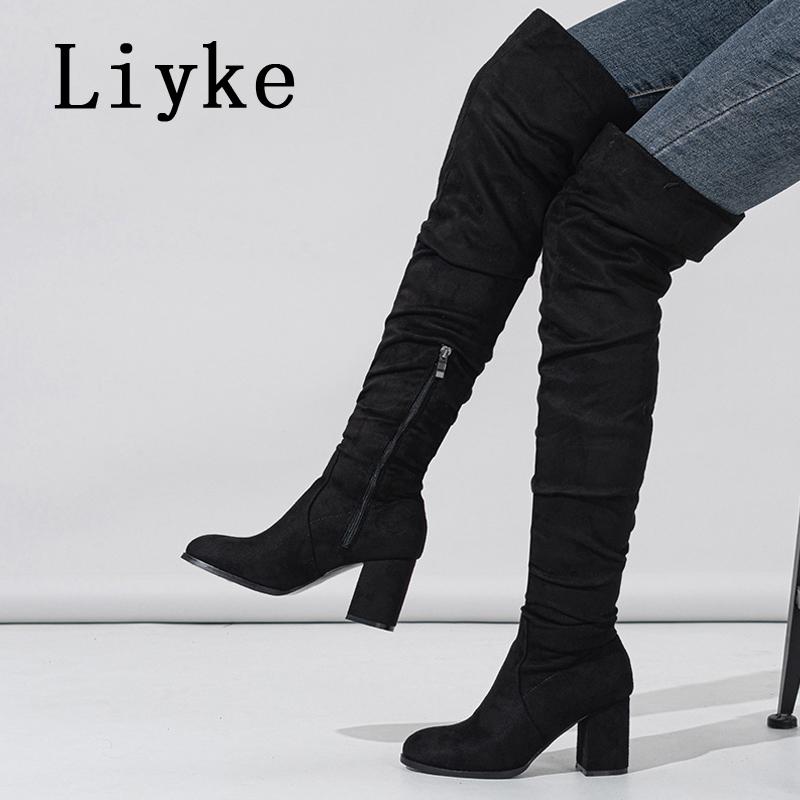 Fashion Liyke 2025 New Fashion Round Toe Zip Thigh High Boots Women Autumn Winter Chunky Heels Motorcycle Over The Knee Shoe Botas Mujer