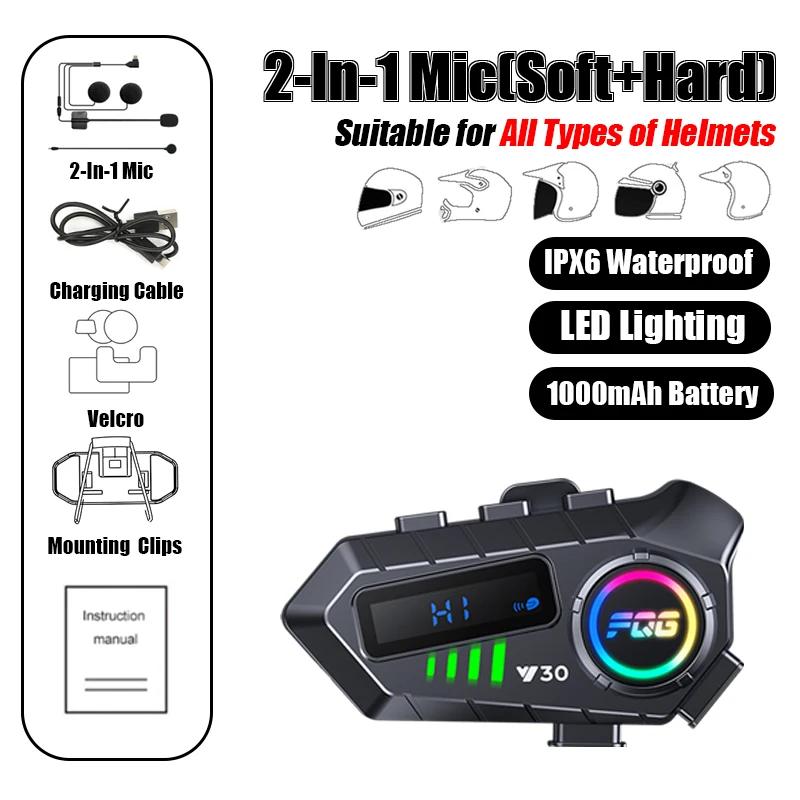 Y30 Motorcycle Intercom Bluetooth 6.0 Helmet Headset Led Light Moto intercomunicador For 2 Riders Voice Control Wireless Speaker Moto Accessories