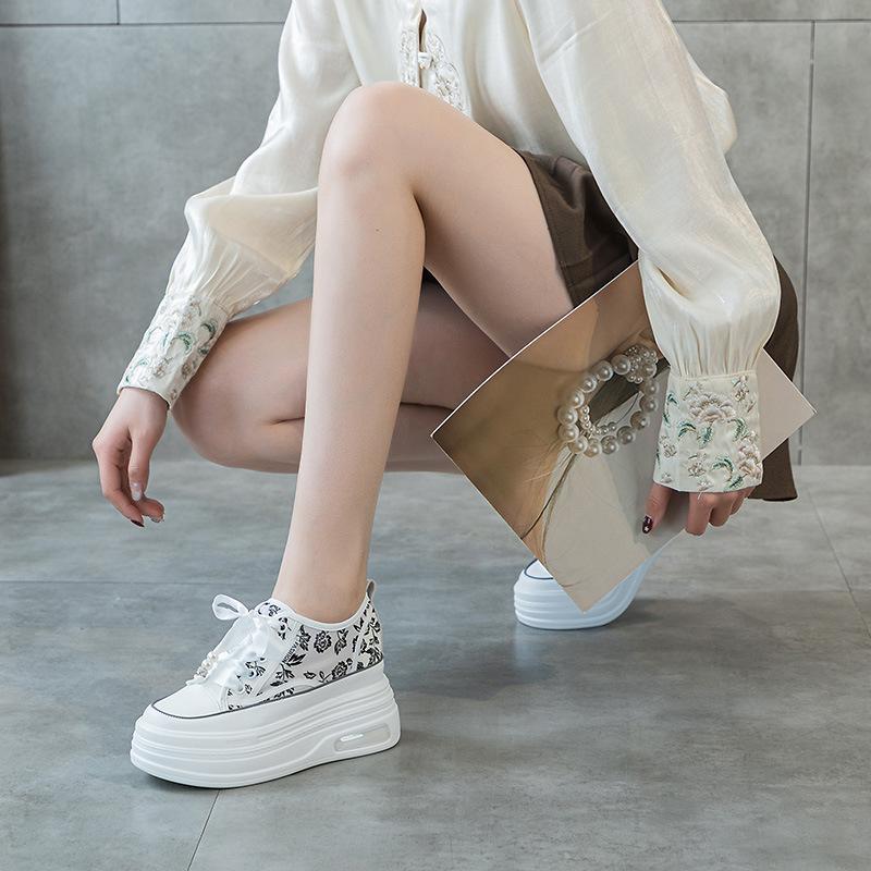 9cm thick-soled inner height-increasing little white shoes women's leather mesh breathable casual sports board shoes women's national style little